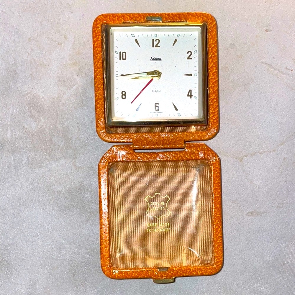 Vintage Travel Alarm Clock Endura Made in Germany Folding Leather Case Used Cond
